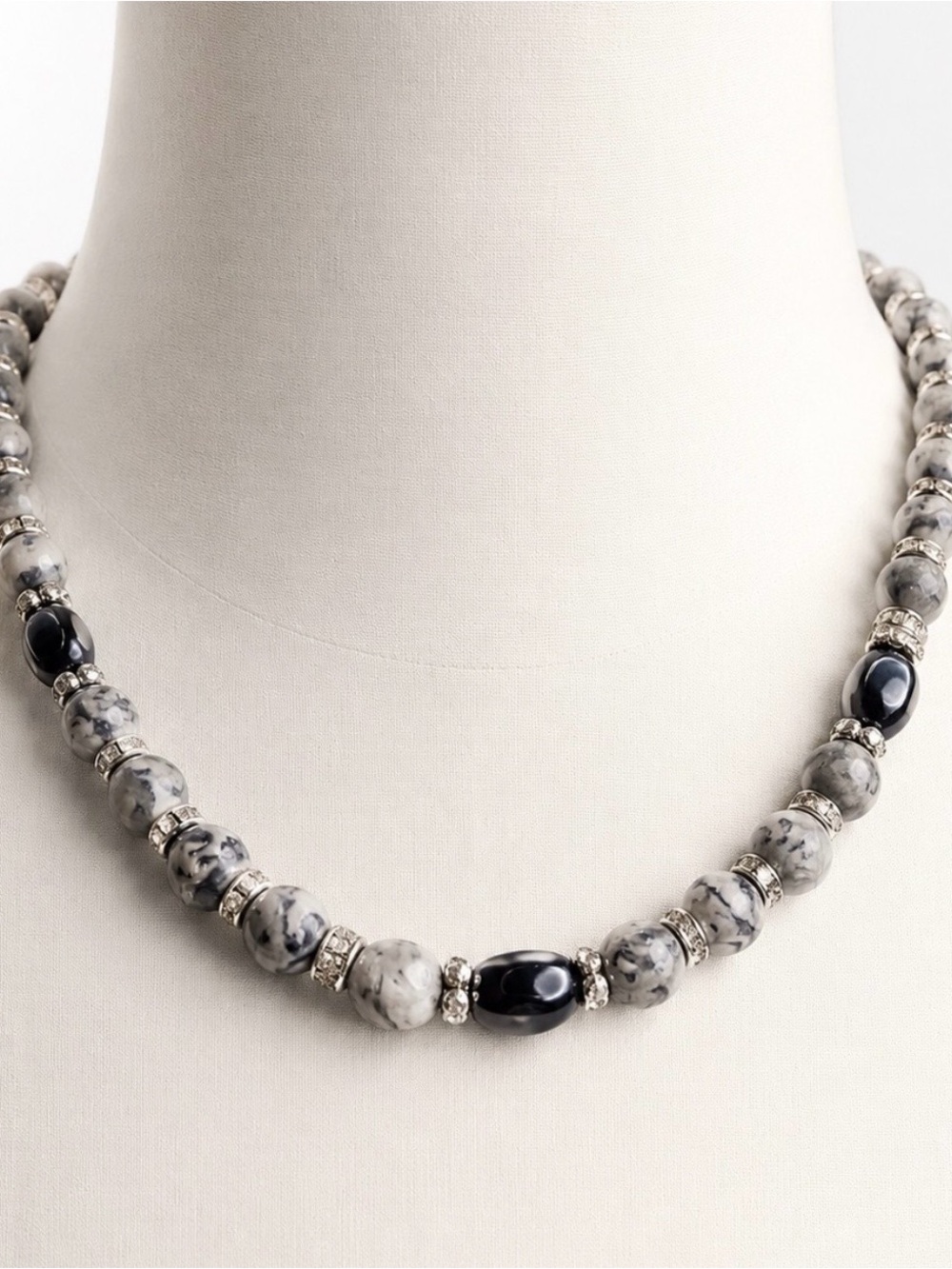 Natural Jasper & Crystal Spacer Necklace Handmade Designer Jewelry NWT